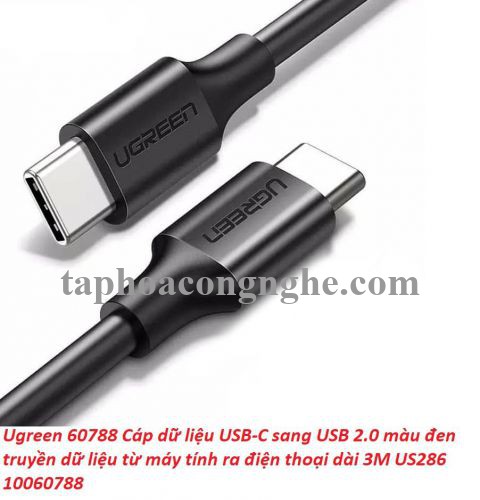 Ugreen 60788 3M 60W usb type C 2.0 cáp sạc và truyền dữ liệu màu đen từ máy tính ra điện thoại US286 30060788
